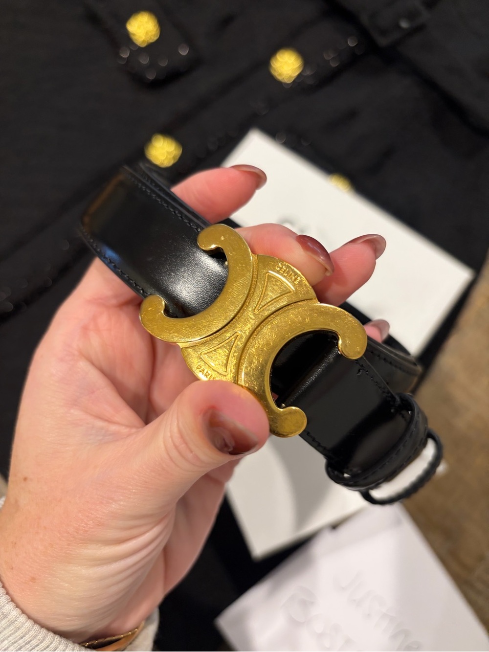 Celine Black Leather Triomphe Logo Belt with Gold Buckle 85